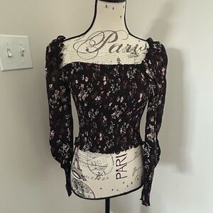 Reformation Pinto Top S Small Black Floral Smocked Square Neck Long Sleeve Shirt